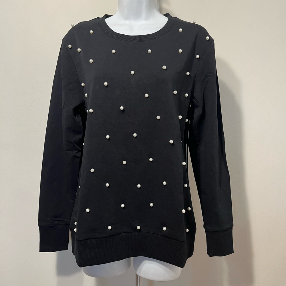 Max Sport Black Faux Pearls Embellished Pullover Sweatshirt Top L